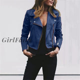 Girlfairy 2023 Winter Autumn Motorcycle Leather Jackets Yellow Jacket Women Coat Slim Pu Dark Blue /