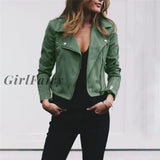 Girlfairy 2023 Winter Autumn Motorcycle Leather Jackets Yellow Jacket Women Coat Slim Pu Green / S
