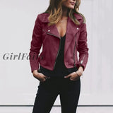 Girlfairy 2023 Winter Autumn Motorcycle Leather Jackets Yellow Jacket Women Coat Slim Pu Wine Red /