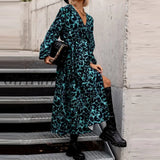 Girlfairy 2023 Winter Leopard Printed Long Dress Women Autumn V Neck Casual Slit Sleeve Lady Office