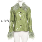 Girlfairy 2023 Winter New Solid Coat For Women Patchwork Faux Pu Leather Feathers High Street Style