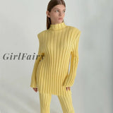 Girlfairy 2023 Winter Ribbed Knitted Turtleneck Sweater 2 Piece Sets For Women Long Sleeve Casual