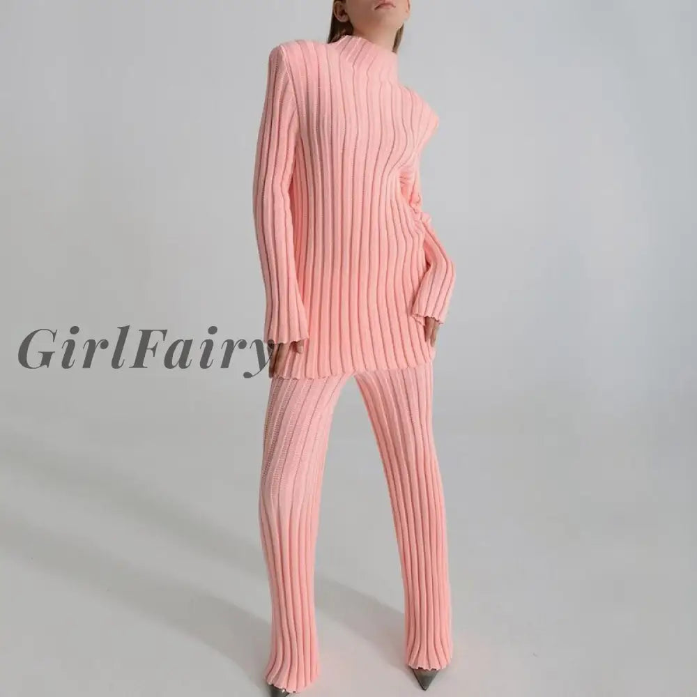 Girlfairy 2023 Winter Ribbed Knitted Turtleneck Sweater 2 Piece Sets For Women Long Sleeve Casual