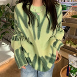 Girlfairy 2023 Winter Women Striped Print Sweater Elegant Green O-Neck Oversized Pullovers Jumper
