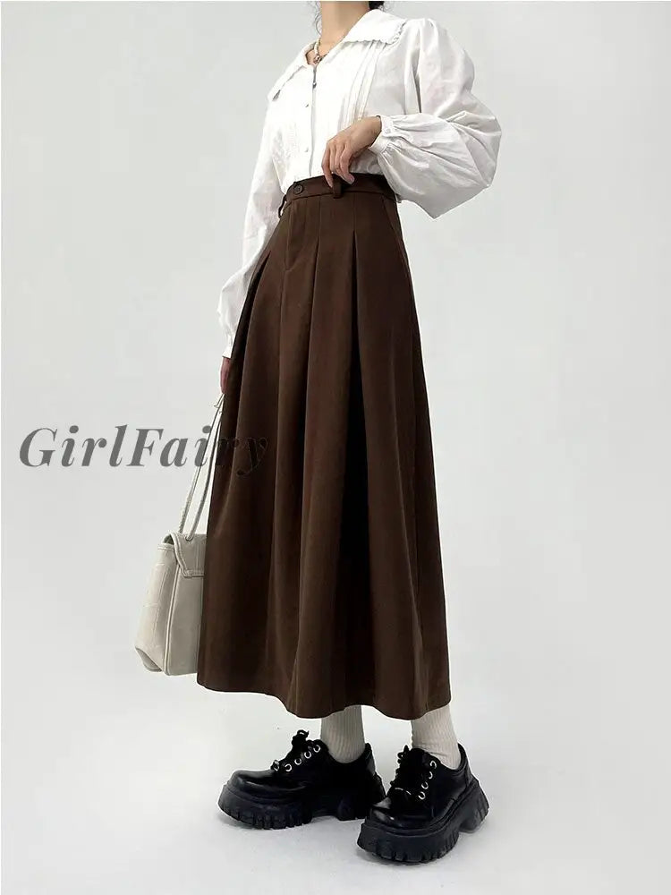 Girlfairy 2023 Women A Line High Waist Classical Mid-Long Gothic Skirts Pleated Retro Solid Color