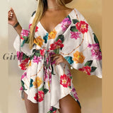 Girlfairy 2023 Women Elegant Dresses V Neck Lace-Up Floral Print Mini Dress Casual Flared Sleeves