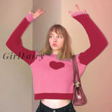 Girlfairy 2023 Women Heart Print Pullovers Womens Casual Long Sleeve Loose Sweater New Contrast