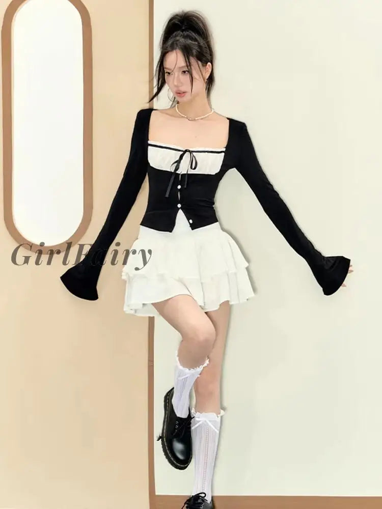 Girlfairy 2023 Women Korean Fashion Y2K Outfits 2 Piece Set Long Sleeve Square Collar Sexy Gyaru