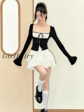 Girlfairy 2023 Women Korean Fashion Y2K Outfits 2 Piece Set Long Sleeve Square Collar Sexy Gyaru