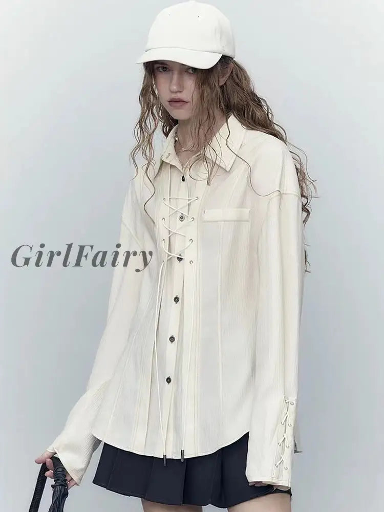 Girlfairy 2023 Women Lapel Design Long Sleeve Blouses Vintage 2000S Aesthetic Tie Up Shirt Oversize