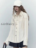 Girlfairy 2023 Women Lapel Design Long Sleeve Blouses Vintage 2000s Aesthetic Tie Up Shirt Oversize Harajuku Y2k Streetwear Korean Fashion