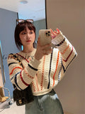 Girlfairy 2023 Women New Spring O-neck Vintage Crop Striped Knitwear Loose Long Sleeve Design Knitted Pullover Sweater Streetwear Fashion