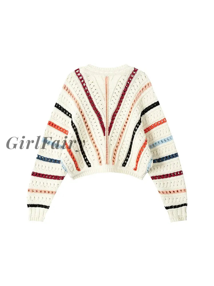 Girlfairy 2023 Women New Spring O-Neck Vintage Crop Striped Knitwear Loose Long Sleeve Design