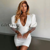 Girlfairy 2023 Women Summer Long Sleeve Bodycon Soild Color V Neck Backless Package Hip Mini Dress