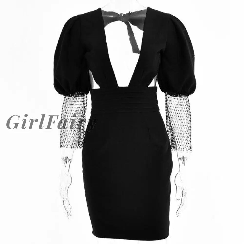 Girlfairy 2023 Women Summer Long Sleeve Bodycon Soild Color V Neck Backless Package Hip Mini Dress