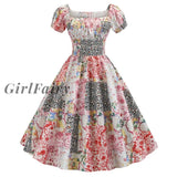 Girlfairy 2023 Womens 1950S Short Sleeve Square Collar Retro Floral Print Swing Tea Dress Jy13949 /