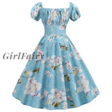 Girlfairy 2023 Womens 1950S Short Sleeve Square Collar Retro Floral Print Swing Tea Dress Jy13950 /