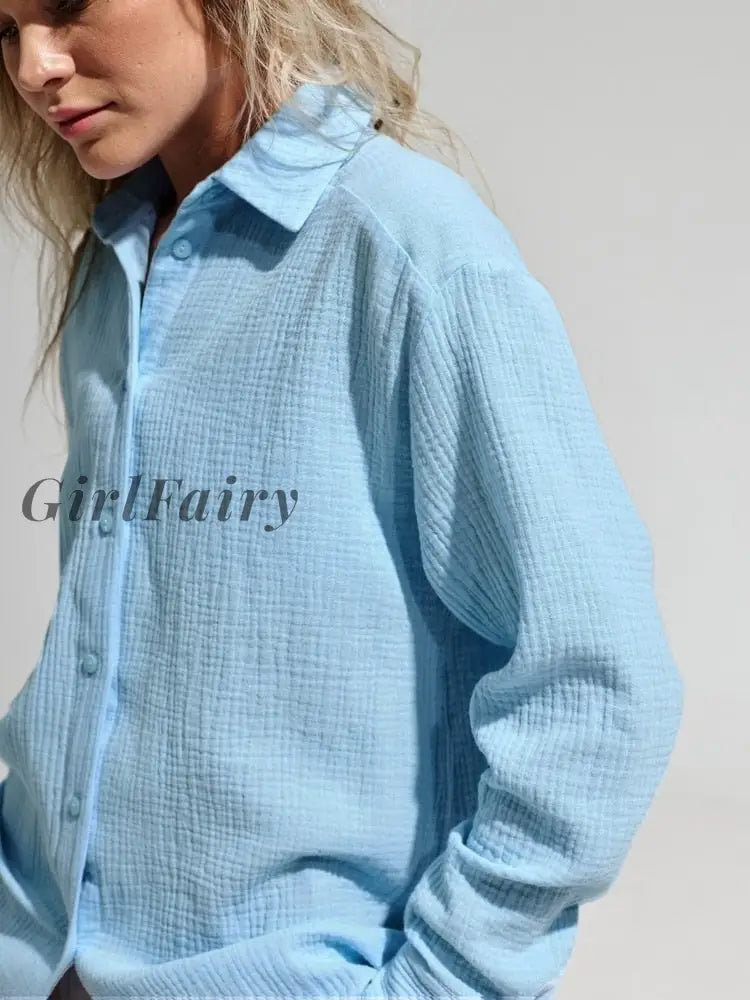 Girlfairy 2023 Womens Spring Summer 100% Cotton Shirts Office Lady Casual Oversized Crepe White Long