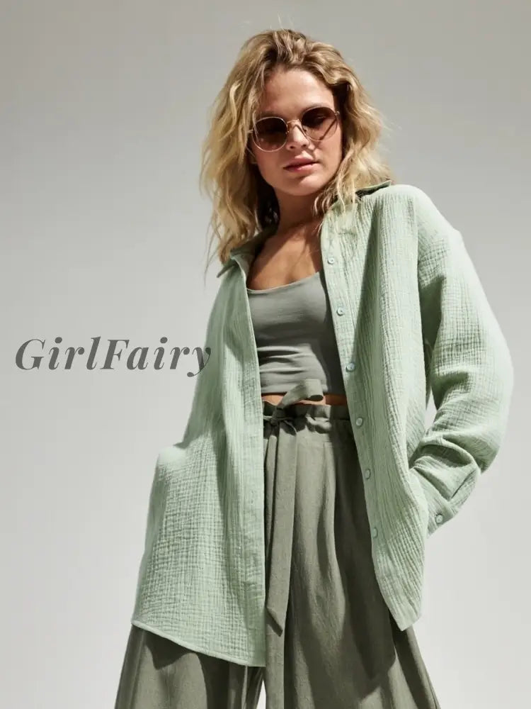 Girlfairy 2023 Womens Spring Summer 100% Cotton Shirts Office Lady Casual Oversized Crepe White Long