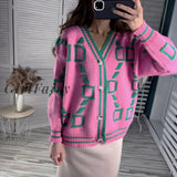Girlfairy 3D Print Pattern Pink Women Sweater Cardigan Knitted Loose Oversided Cardigans Sweaters