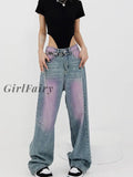 Girlfairy American Style Vintage High Waist Women Jean Trousers 2023 Fashion New Straight Wide Leg