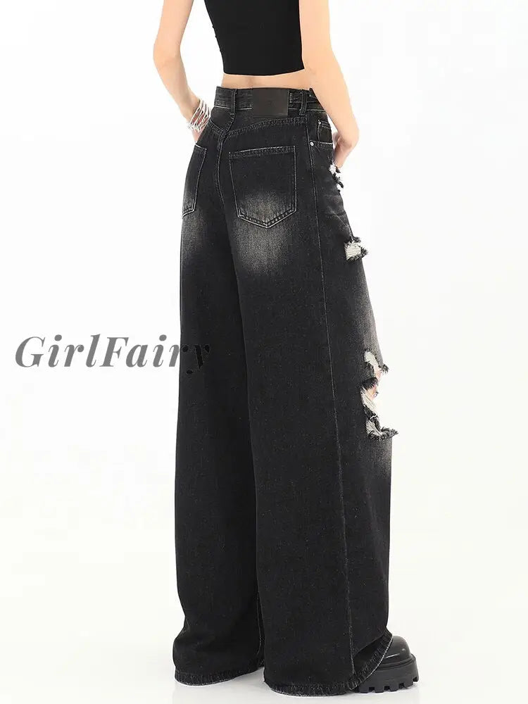 Girlfairy American Style Vintage Women Baggy Ripped Denim Pants Straight Loose Casual Wide Leg Jean