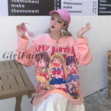 Girlfairy Anime Girl Print Summer T-Shirt Cartoon Pink Cute Kawaii Fashion Harajuku Long Sleeve Tops Casual Y2K Oversized T-Shirt Loose