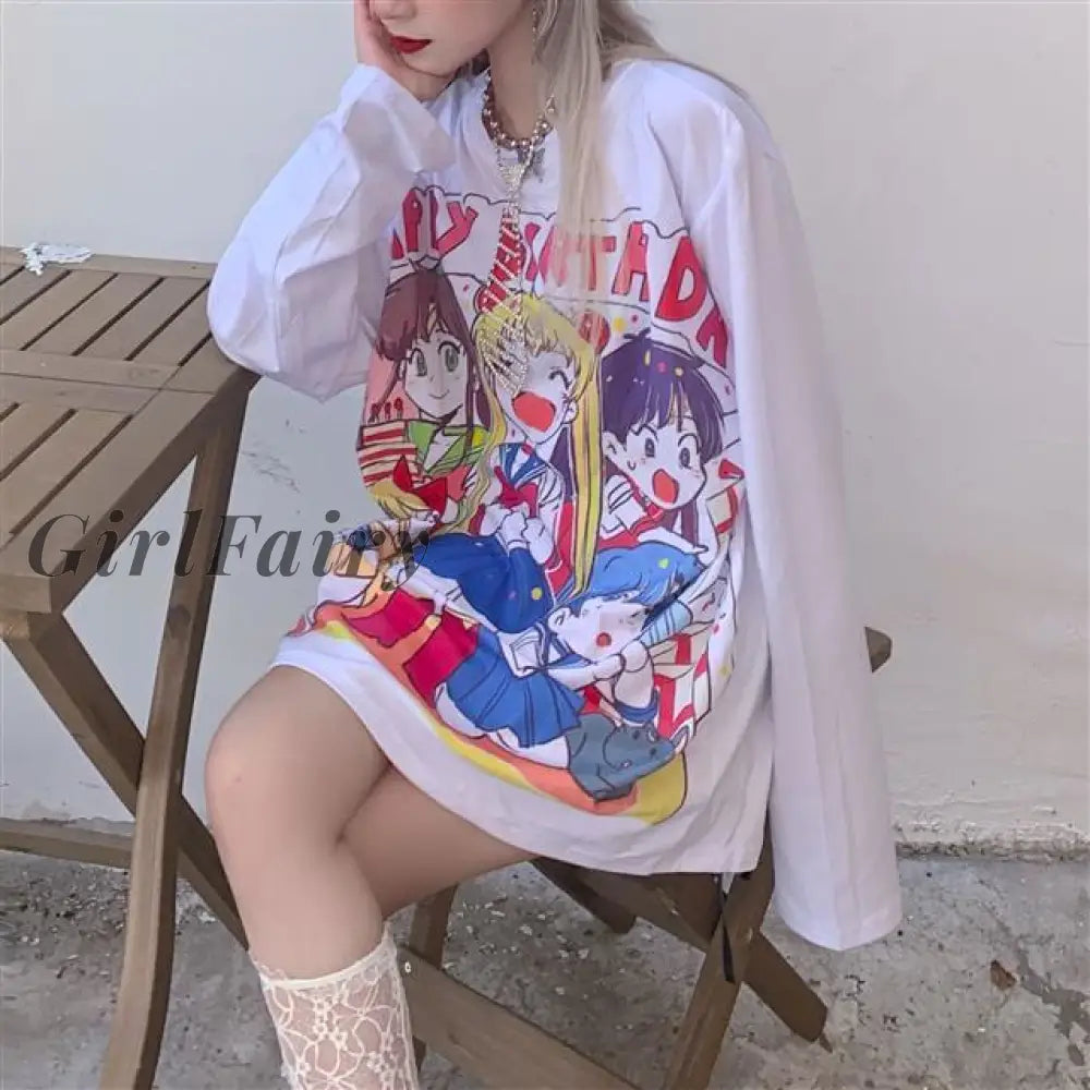 Girlfairy Anime Girl Print Summer T-Shirt Cartoon Pink Cute Kawaii Fashion Harajuku Long Sleeve Tops