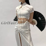 Girlfairy Asymmetrical Drawstring White Long Skirt Women Harajuku Solid Side Split High Waist Summer