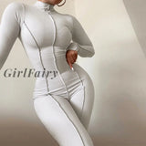 Girlfairy Athleisure Long Sleeve Bodycon Jumpsuit Winter All White Rib Knit Going Out One Piece