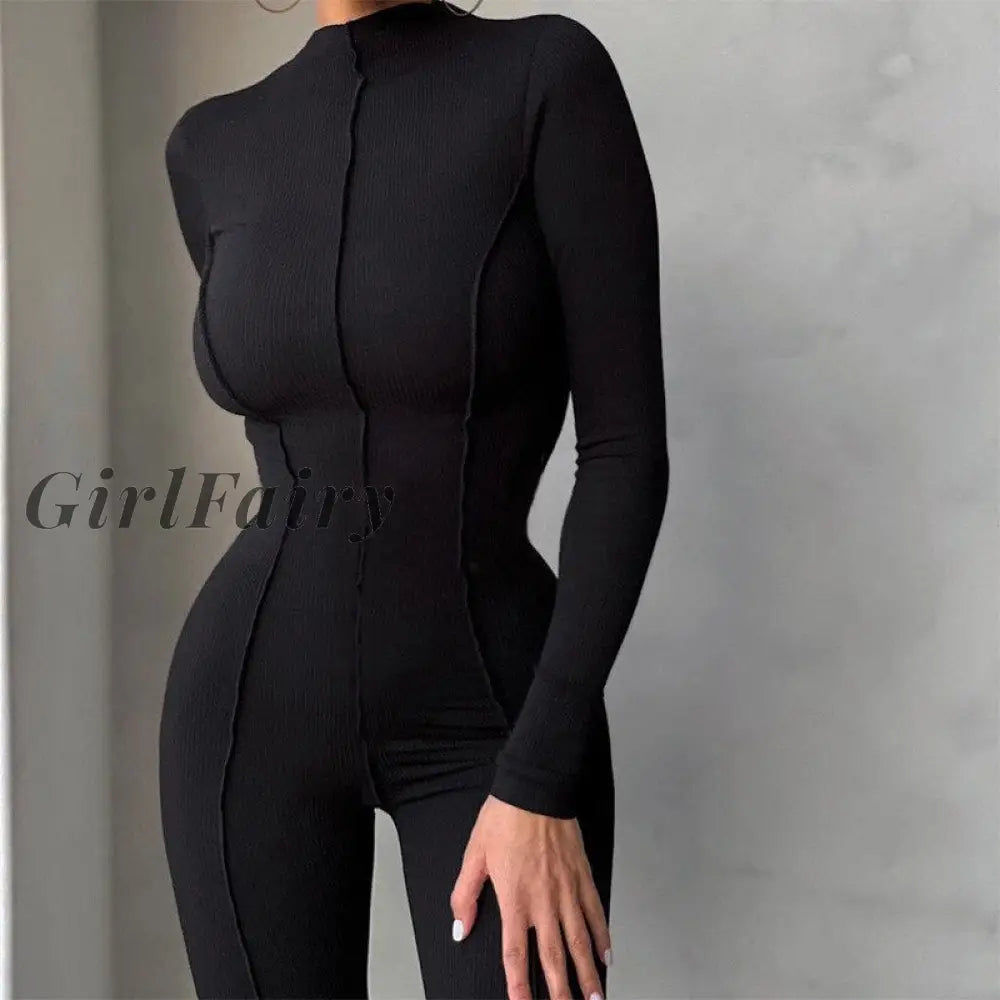 Girlfairy Athleisure Long Sleeve Bodycon Jumpsuit Winter All White Rib Knit Going Out One Piece