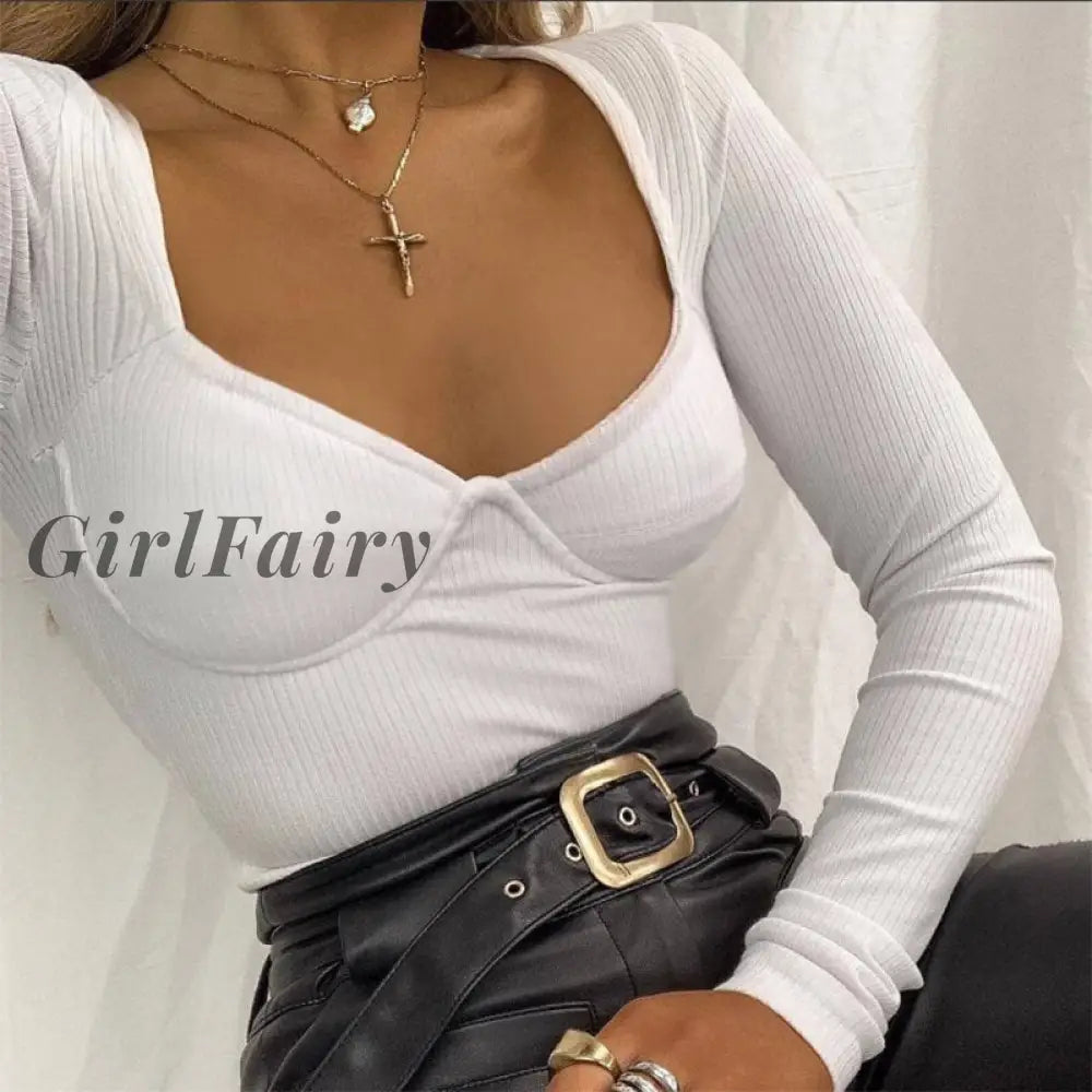 Girlfairy Autumn 2023 Long Sleeve Bodysuit For Women Sexy V Neck Skinny Body Top Casual Patchwork