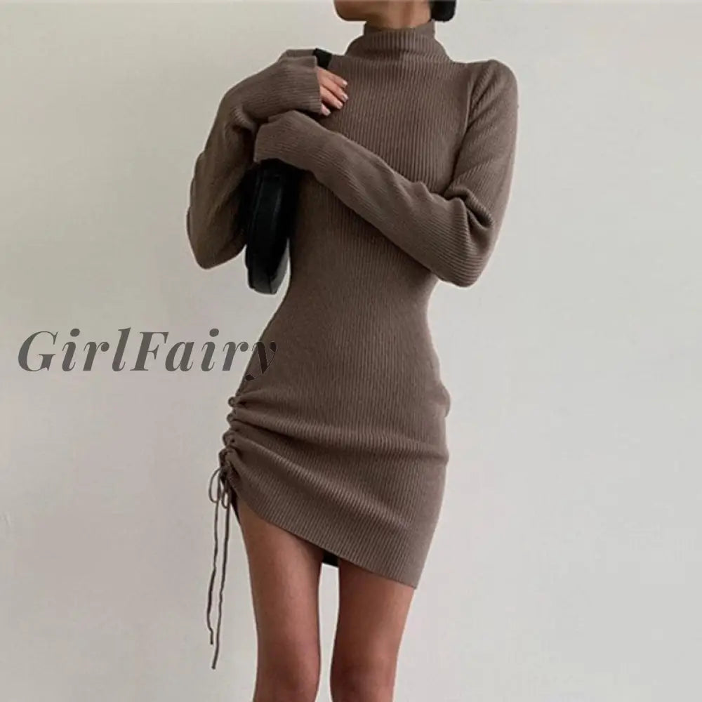 Girlfairy Autumn 2023 New Knitted Dress For Women Long Sleeve Turtleneck Solid Slim Drawstring