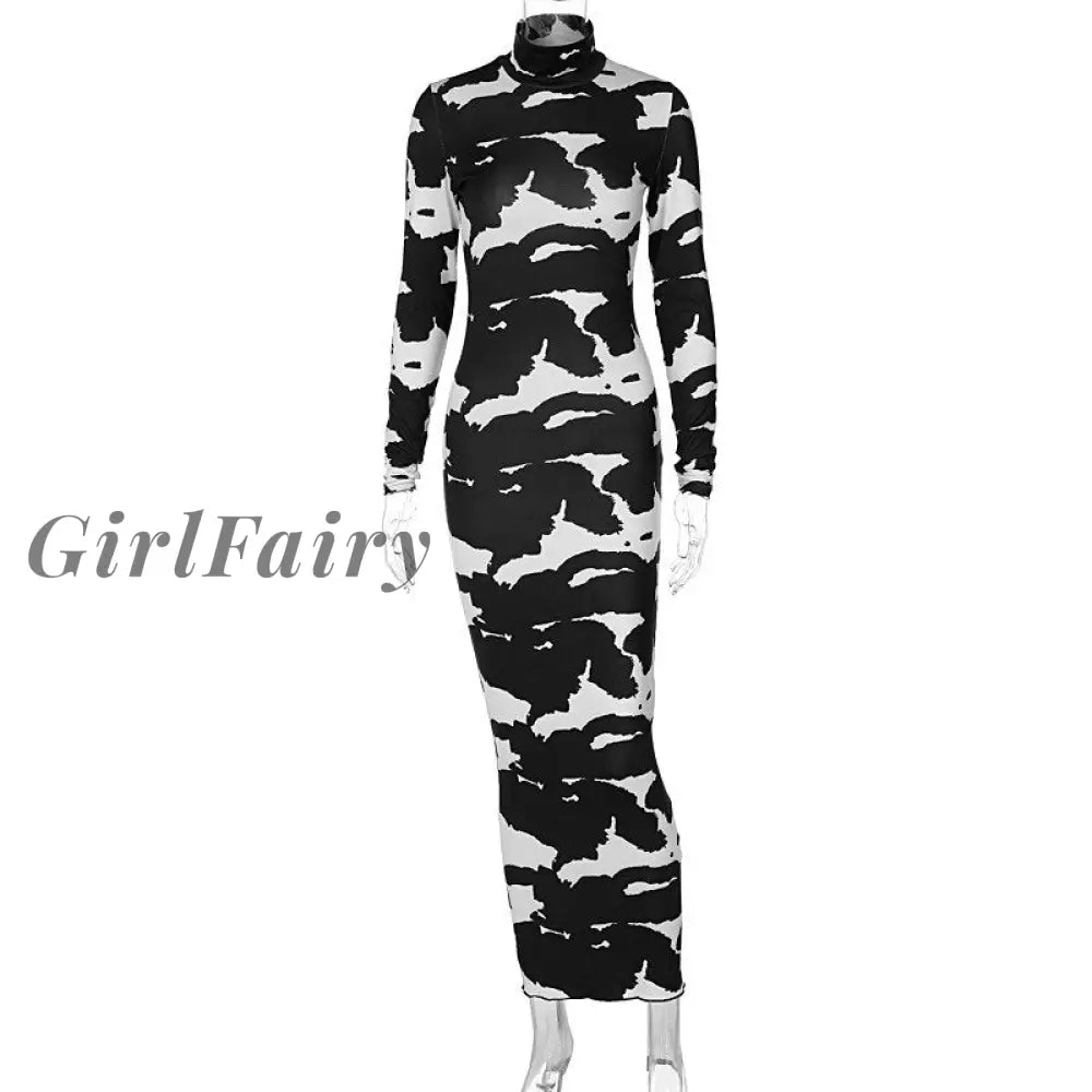 Girlfairy Autumn Black Leopard Print Maxi Dress Or Women 2023 Long Sleeve Turtleneck Bodycon Ladies