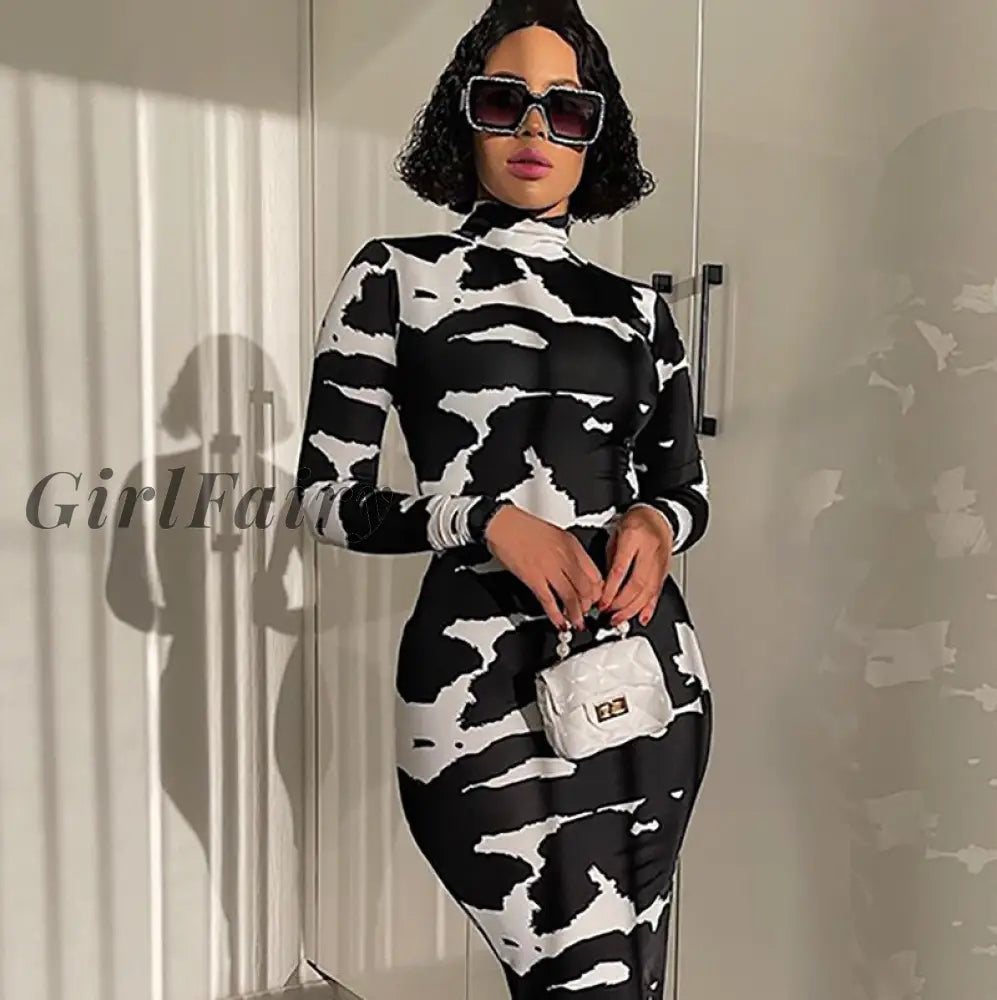 Girlfairy Autumn Black Leopard Print Maxi Dress Or Women 2023 Long Sleeve Turtleneck Bodycon Ladies