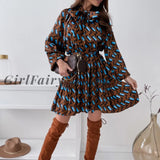 Girlfairy Autumn Bow Print Office Dress Women A Line Ruffles Short Long Sleeve Spring Sashes Vintage