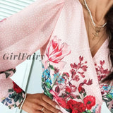 Girlfairy Autumn Chiffon Ruffles Flower Print Dress Women Long Lantern Sleeve Elegant V Neck Pink