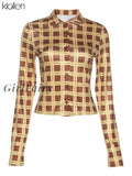Girlfairy Autumn Fashion Casual Long Sleeve Turn-Down Collar Grid Shirts For Women Simple Office