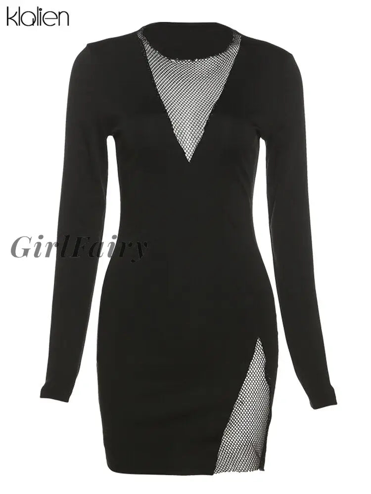 Girlfairy Autumn Fashion Sexy Mesh Patchwork Long Sleeve Bodycon Dresses For Women New Streetwear