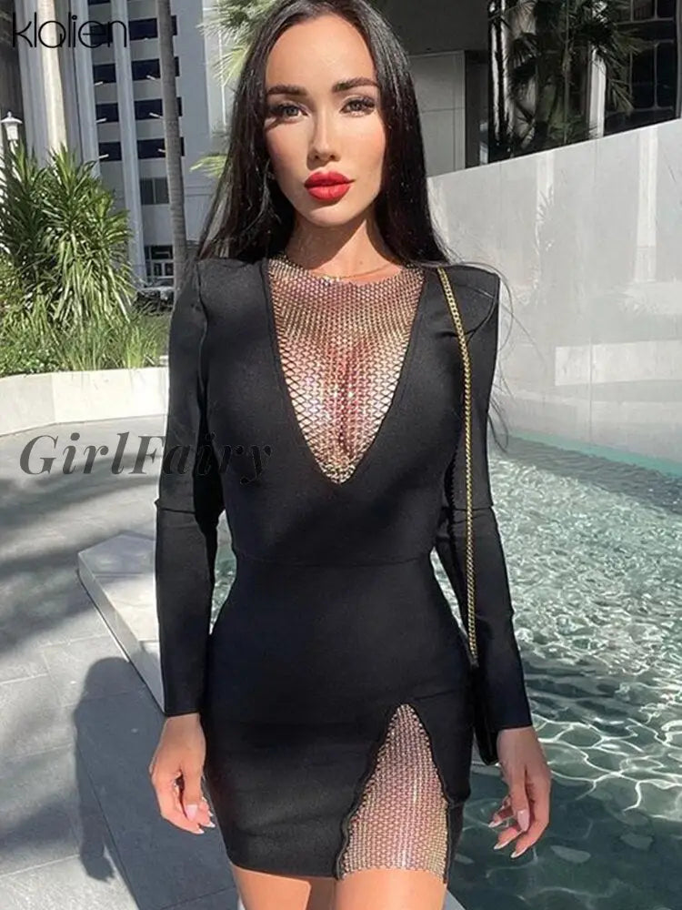 Girlfairy Autumn Fashion Sexy Mesh Patchwork Long Sleeve Bodycon Dresses For Women New Streetwear