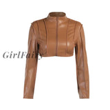 Girlfairy Autumn Faux Pu Leather Jacket Womens Crop Top Long Sleeve Zipper Jackets Coat Fashion