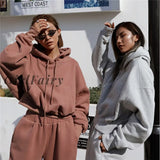 Girlfairy Autumn Hooded Pullovers Women Two Piece Sets Apricot Long Sleeve Fashion Casual Women Suits Winter Loose Sportswear
