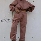 Girlfairy Autumn Hooded Pullovers Women Two Piece Sets Apricot Long Sleeve Fashion Casual Suits