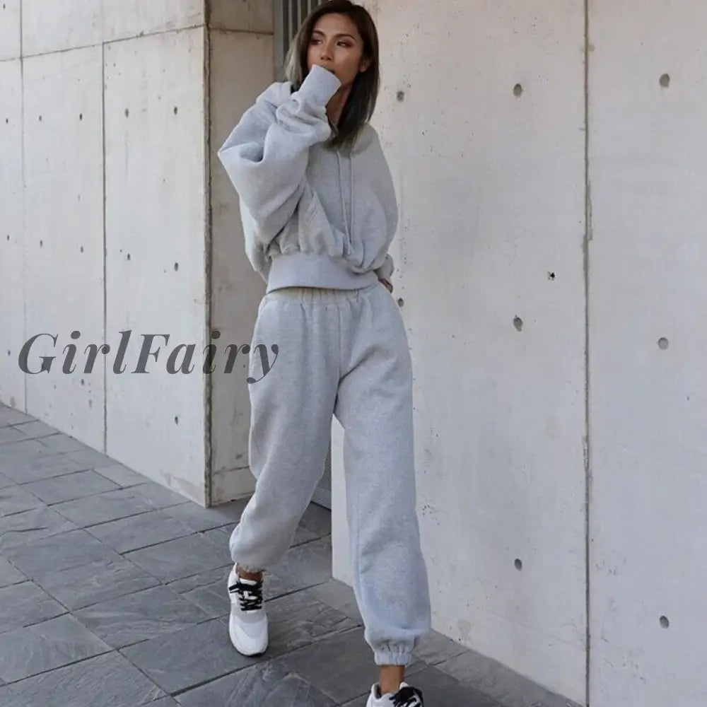 Girlfairy Autumn Hooded Pullovers Women Two Piece Sets Apricot Long Sleeve Fashion Casual Suits