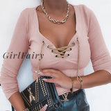 Girlfairy Autumn Lace Up Top Full Sleeve For Women Casual Red Wine Tops Basic Daily Bandage Solid