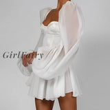 Girlfairy Autumn Lantern Sleeve Corset Chiffon Dress Women Summer White Square Neck Ol Chic Sexy A