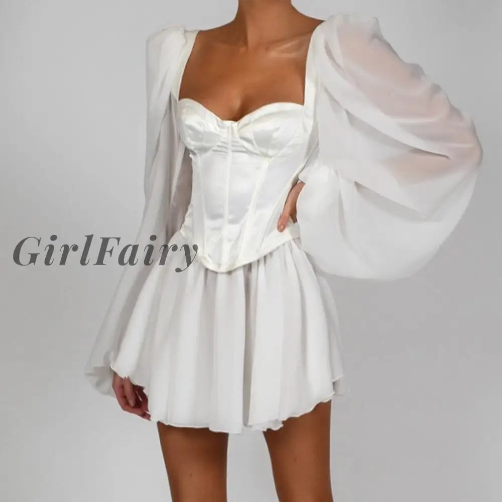 Girlfairy Autumn Lantern Sleeve Corset Chiffon Dress Women Summer White Square Neck Ol Chic Sexy A