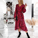 Girlfairy Autumn Leopard Print Long Dress For Women Ruffle V Neck Wrap Sashes Elegant Casual Red