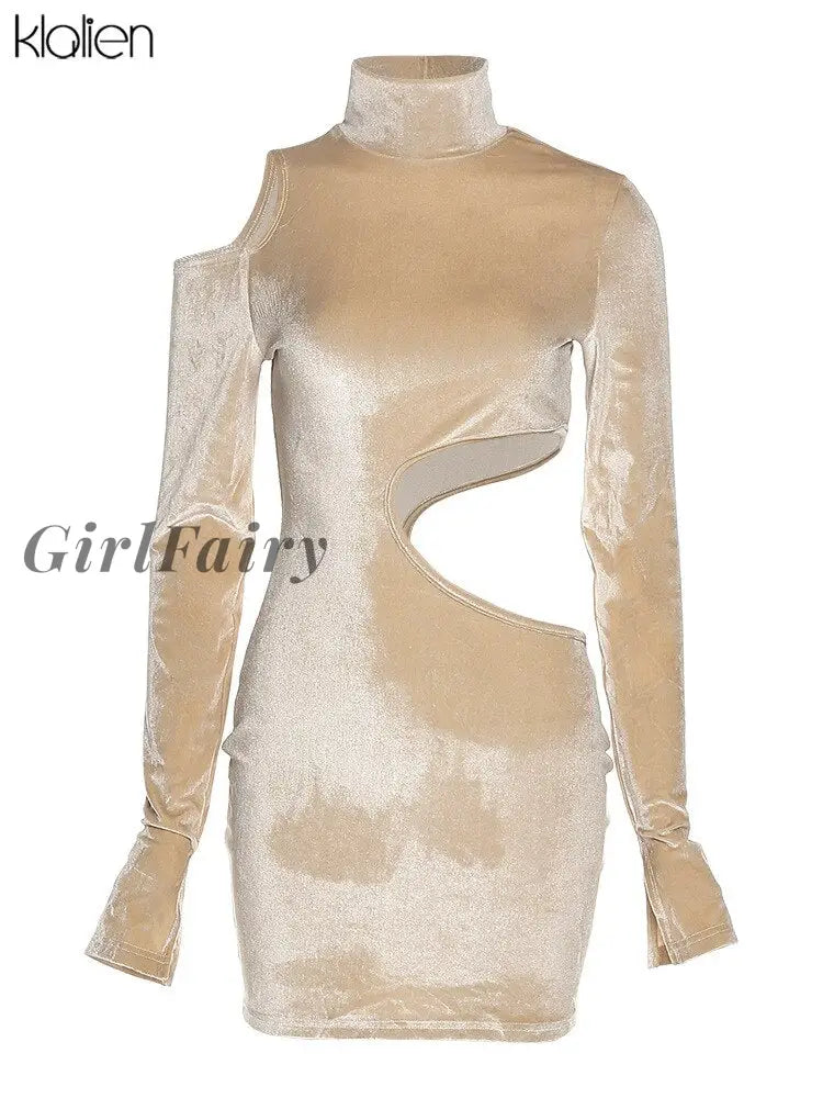 Girlfairy Autumn Long Sleeeve Turtleneck Hollow Out Sexy Mini Bodycon Dress Y2K For Women New High