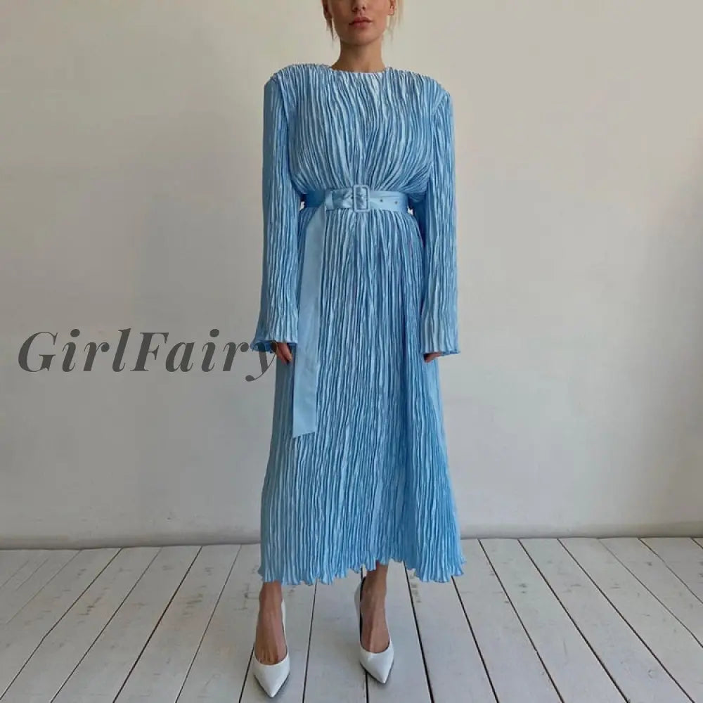 Girlfairy Autumn Long Sleeve Midi Dress Elegant Sky Blue Casual Womens Office Fashion O-Neck Vintage